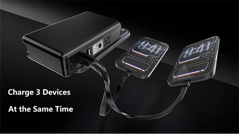 Batterie externe sans fil magnétique rectangulaire noire avec trois ports USB et un design moderne élégant pour une charge rapide 65 W.