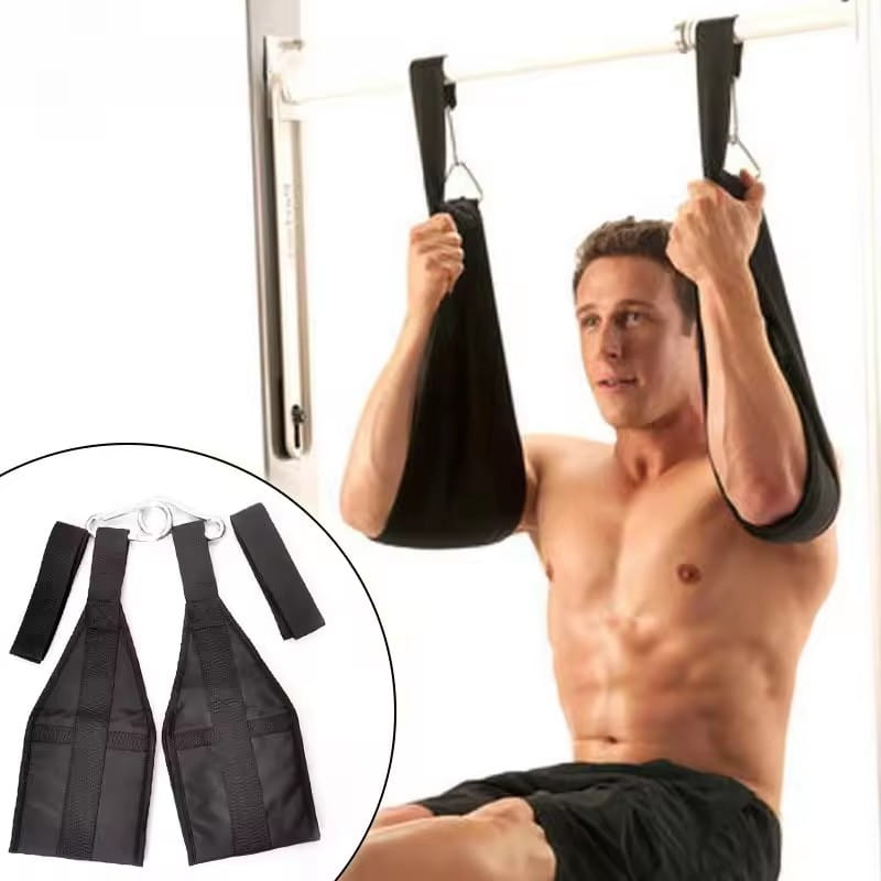 black fabric ab sling straps with heavy duty metal hooks designed for hanging leg raise exercises