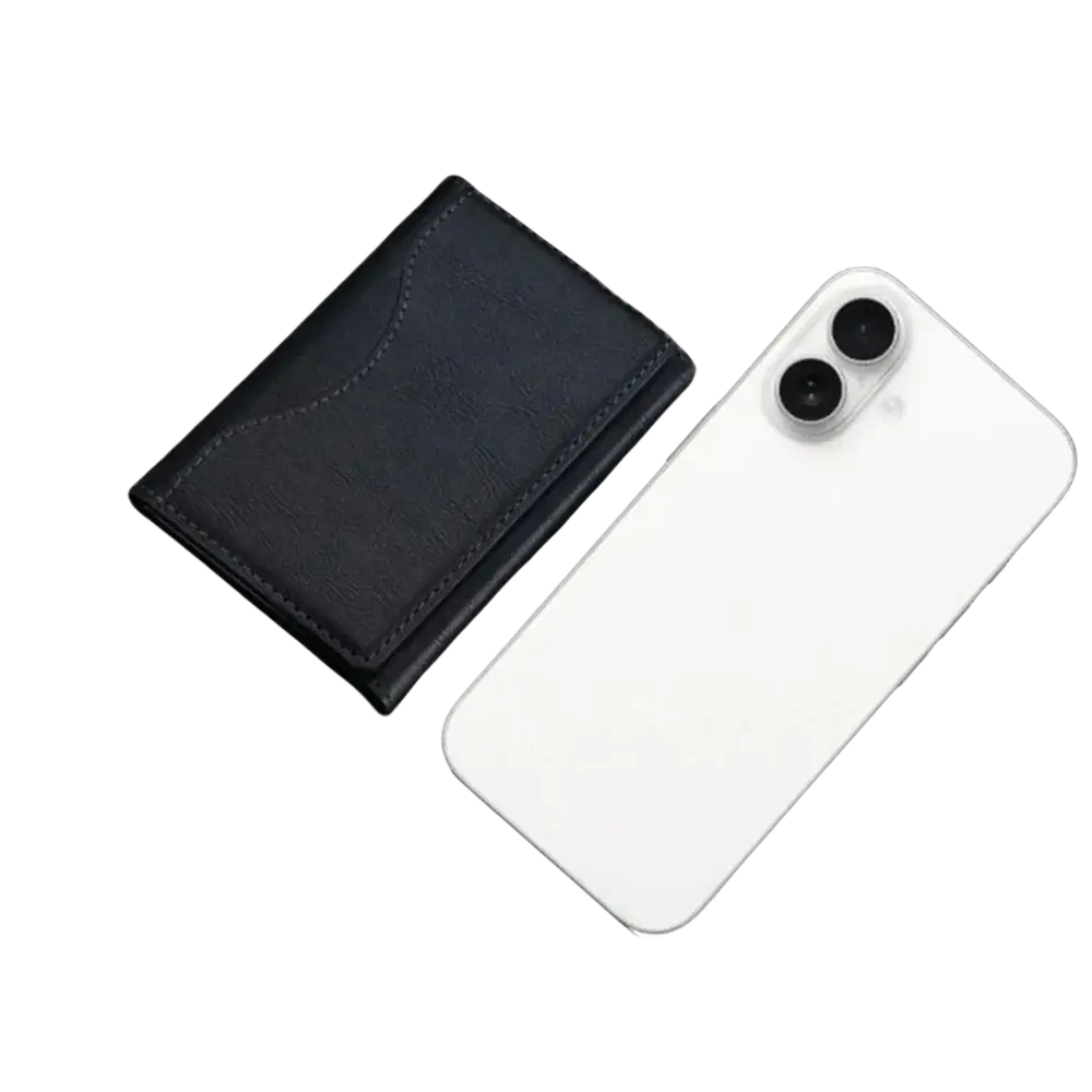 Black leather magnetic trifold card wallet with stitched edges and textured surface shown from front angle
