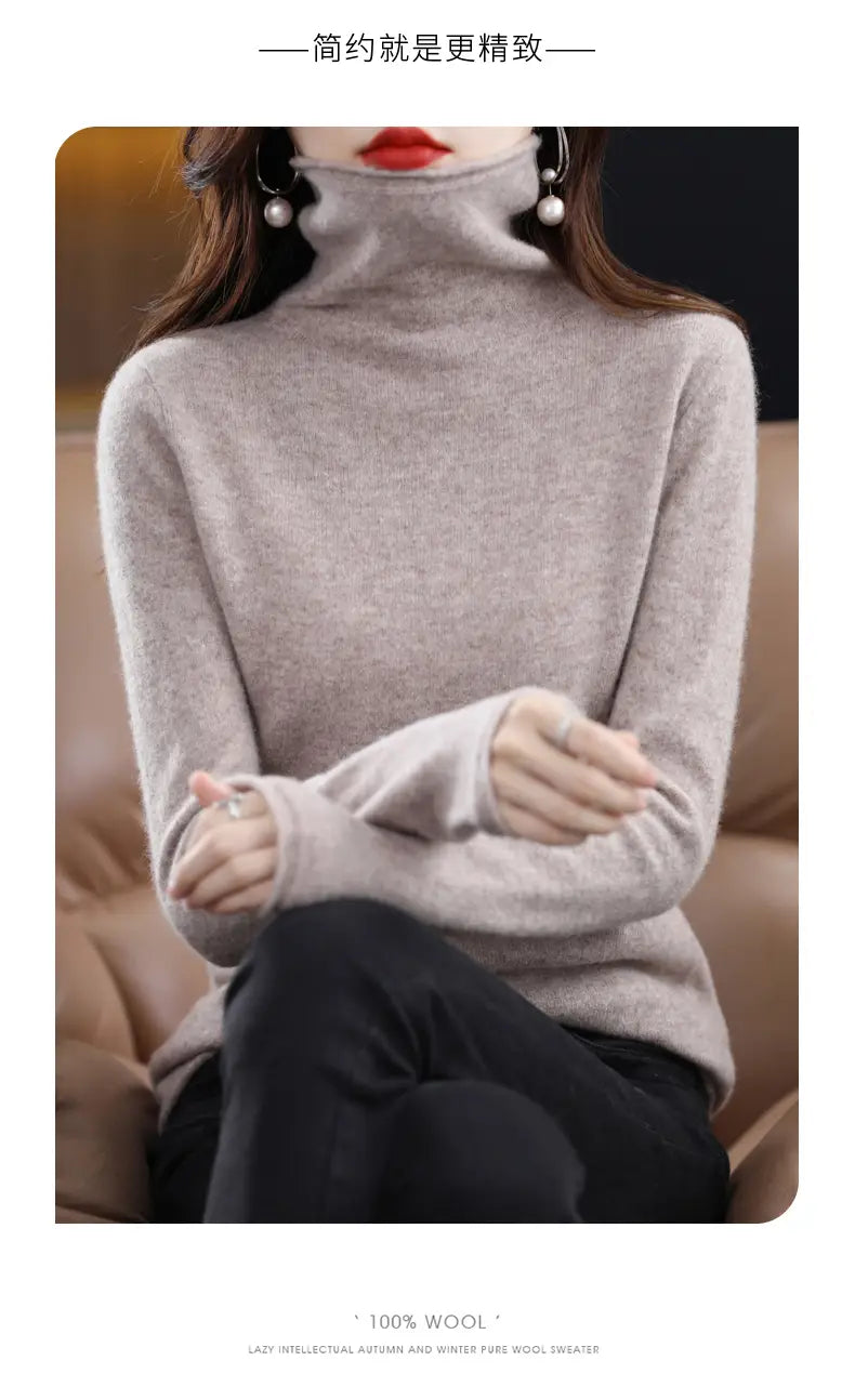 A soft light gray merino wool turtleneck sweater for women made of 100 percent pure wool.