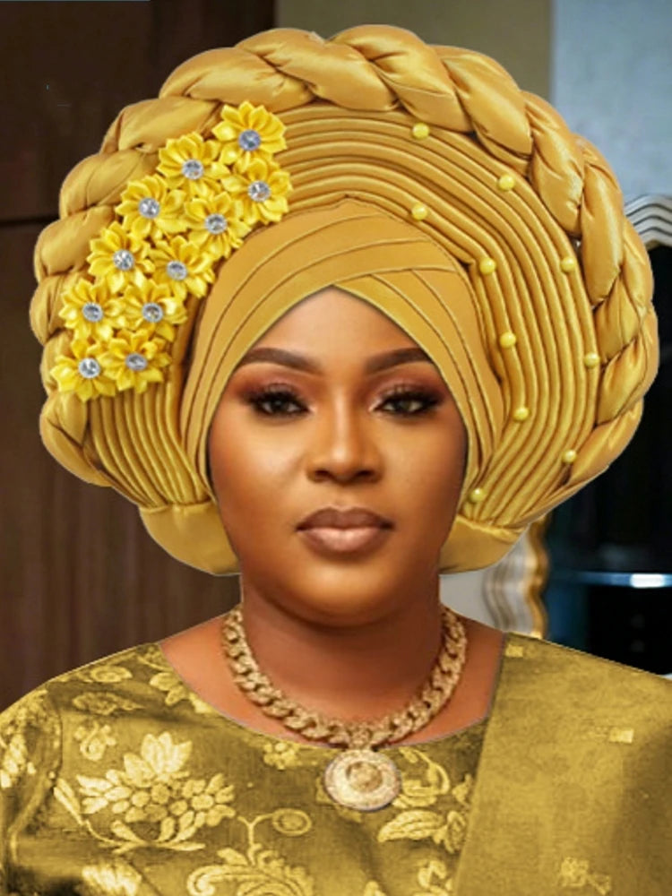 Fashion Women Elastic Ruffle African Turban Cap Lady Head Wraps Nigeria Wedding Auto Gele Headtie Party Headgear Headwear Hat