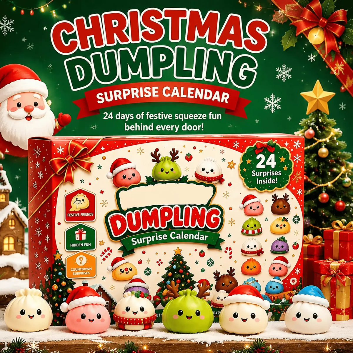 Front view of a red and white Christmas dumpling surprise advent calendar box with festive cartoon dumplings and holiday decor