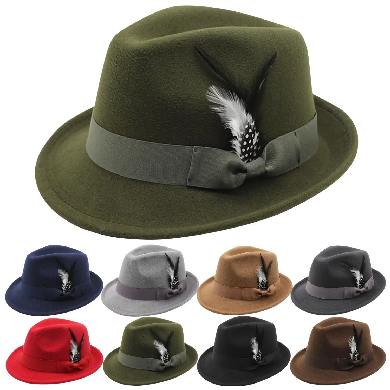 Olive green wool felt fedora hat for men featuring a gray ribbon band and a decorative black and white feather accent, designed for winter and jazz style.