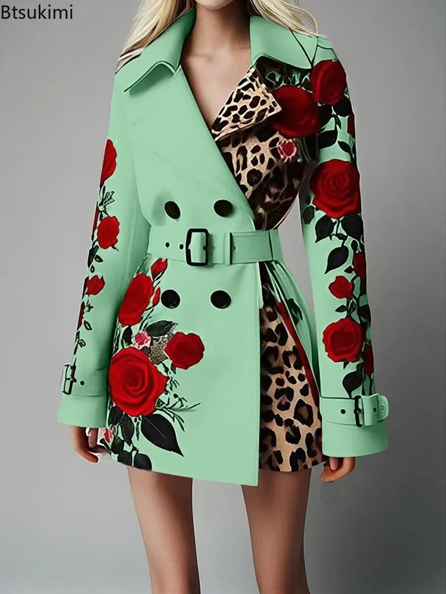 Women's Chic Trench Coat Red Rose Leopard Print Double Breasted Belted Lapel Long Sleeve Outerwear Winter Female  Casual Jackets