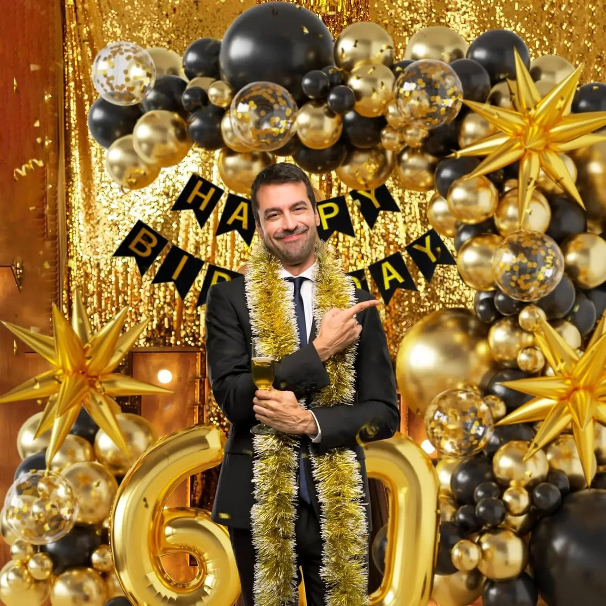 40/50/60th Birthday Decorations, Black Gold Balloon Arch Kit Star Foil Balloons Happy Birthday Banner for Anniversary Party