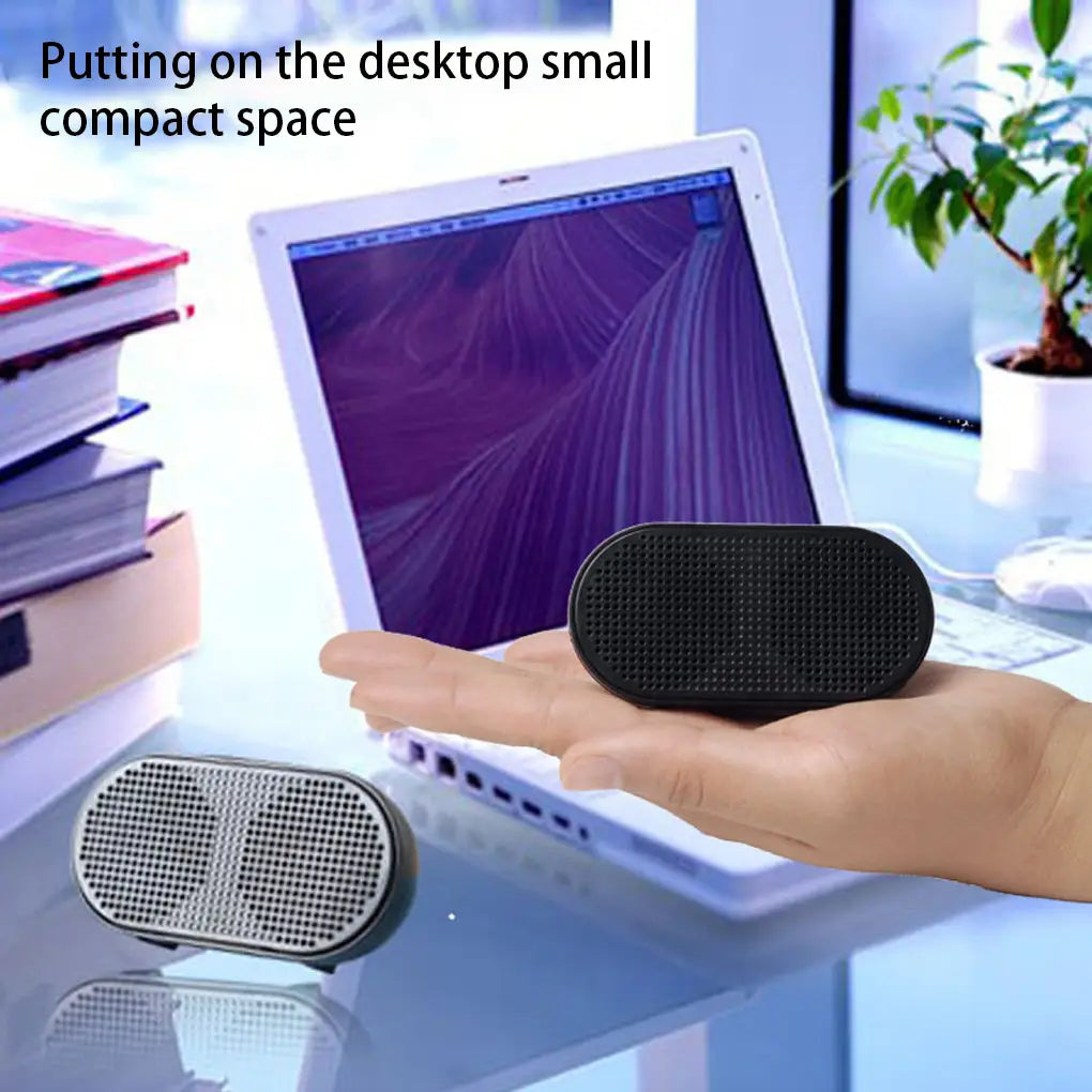 Schwarzer, oval geformter USB-Mini-Lautsprecher für Laptops mit strukturierter Gitteroberfläche als tragbare Computer-Soundbar für die Verwendung am Desktop