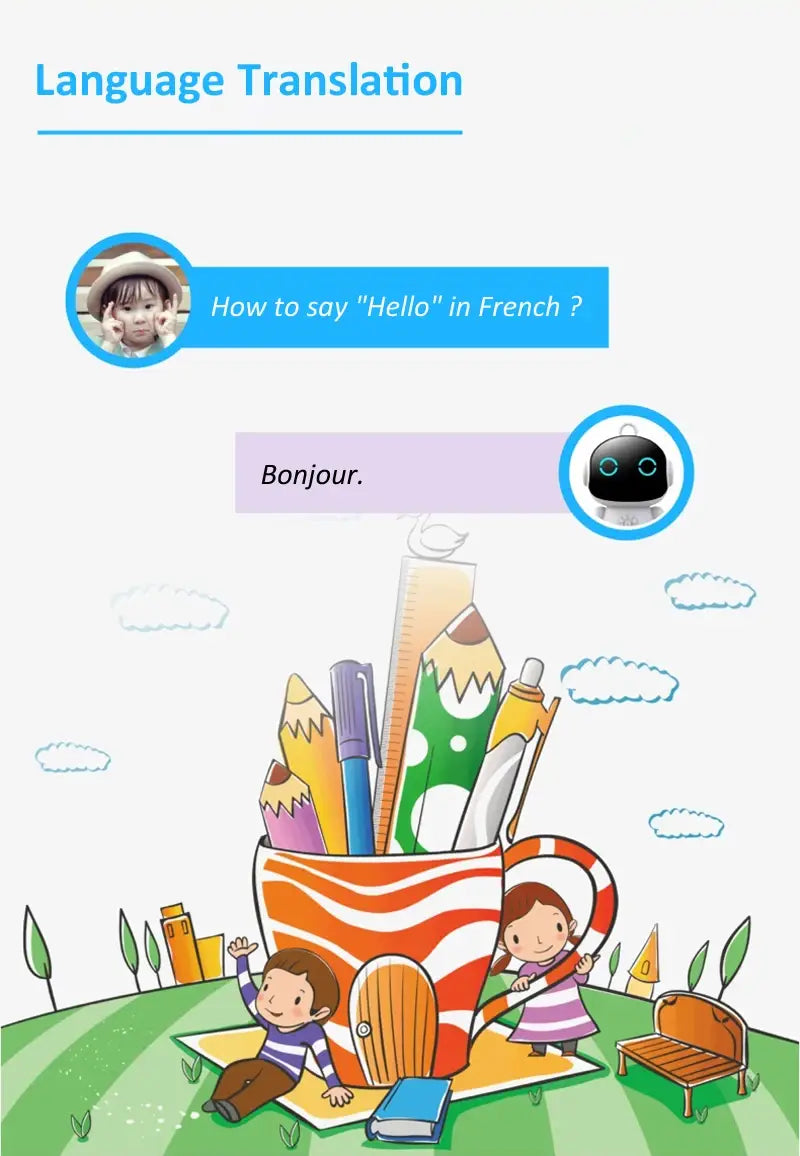 Smart Lifeアプリのチャットモードに対応したスマートAI学習ロボット向けとして、ストライプの入ったオレンジ色と白色のカップがあふれるようにカラフルな鉛筆、ペン、定規、文房具類を盛り込んだ漫画風のイラストです。