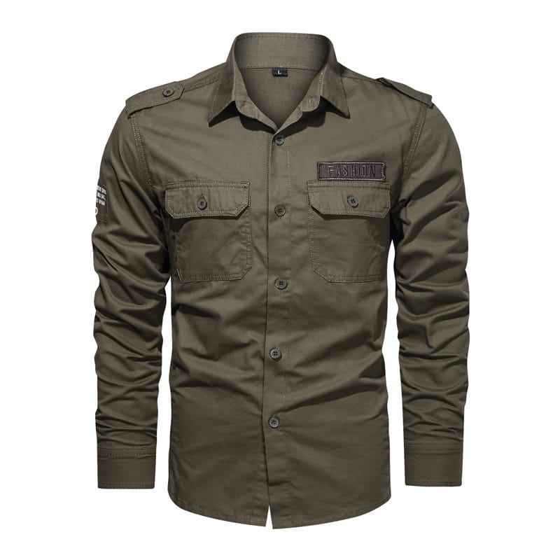 Men cotton casual long sleeve military cargo shirt in olive green with two chest pockets and a fashion patch on the left side.