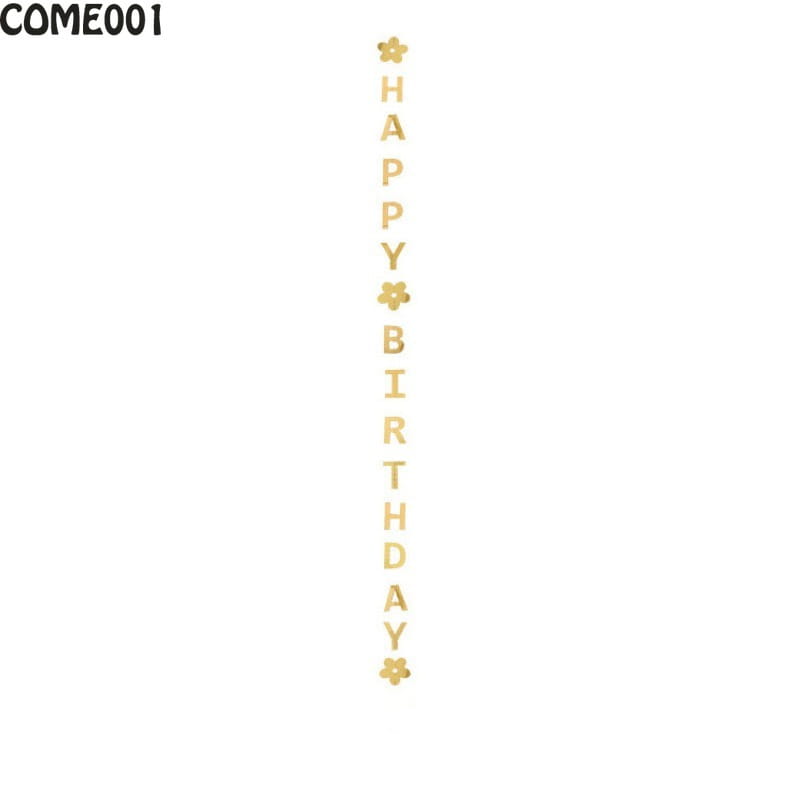 Décoration verticale de guirlande et de bannière pour un premier anniversaire en feuille d’or, portant « happy birthday » en lettres majuscules, ornée de petits motifs de trèfle et de fleurs à chaque lettre