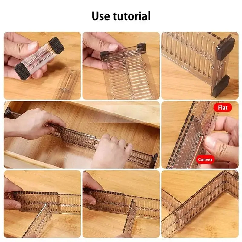 Clear plastic adjustable drawer partition with black rubberized ends and ridged segmented design for organized storage.