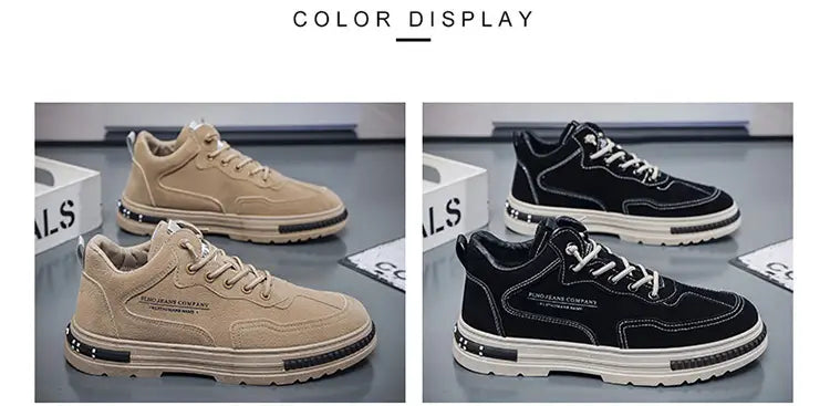Zapatillas casual para hombre, calzado de plataforma transpirable, en diseño de botín alto de ante beige y negro, con suelas blancas y un sutil logotipo de marca en el lateral.