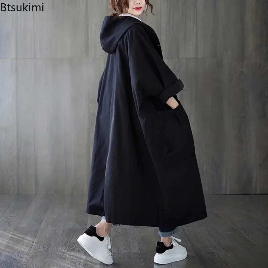 New 2026 Ladies Hooded Trench Coats Solid Loose Single-breasted Long Jacket for Daily Wear Women Windbreaker Casual Outerwear
