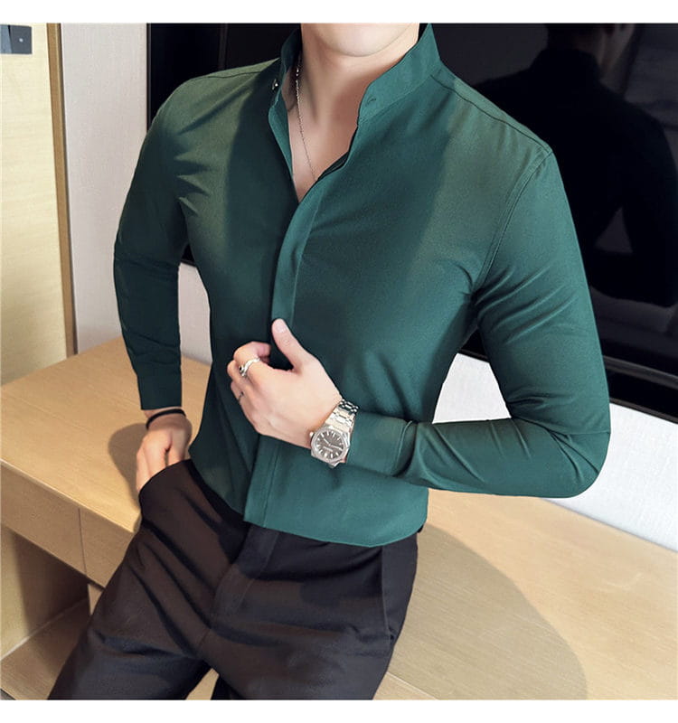 dark green long-sleeved men dress shirt with slim fit design and stand collar suitable for formal occasions ensuring correct size and style.
