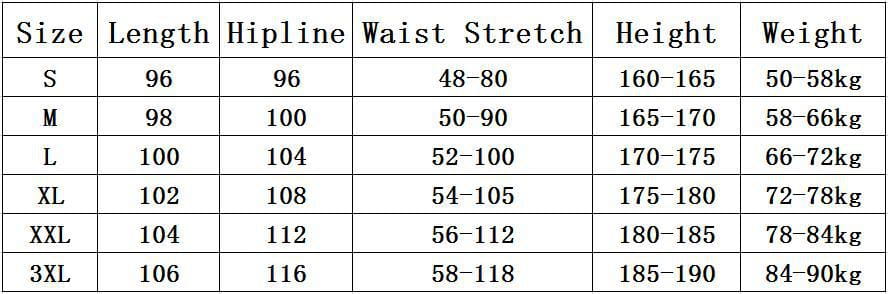 La tabla muestra información de tallas para pantalones cargo de hombre, joggers casuales holgados, incluidos mediciones de longitud, línea de cadera, elasticidad de la cintura, altura y peso, para tallas de S a 3XL.