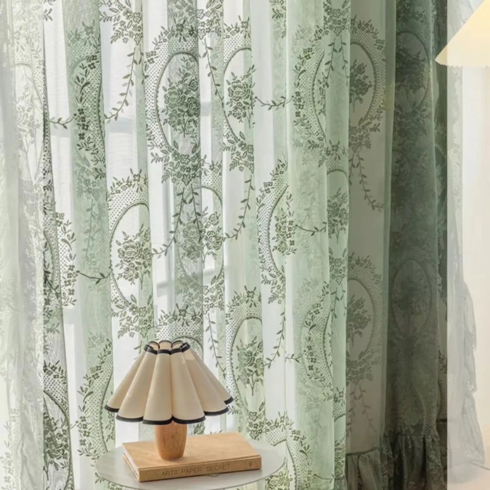 2 Pcs Home Decor Ruffled Edge French Lace Floral Curtain Retro Embroidered Gauze Curtain Rustic Voile Curtain Living Room