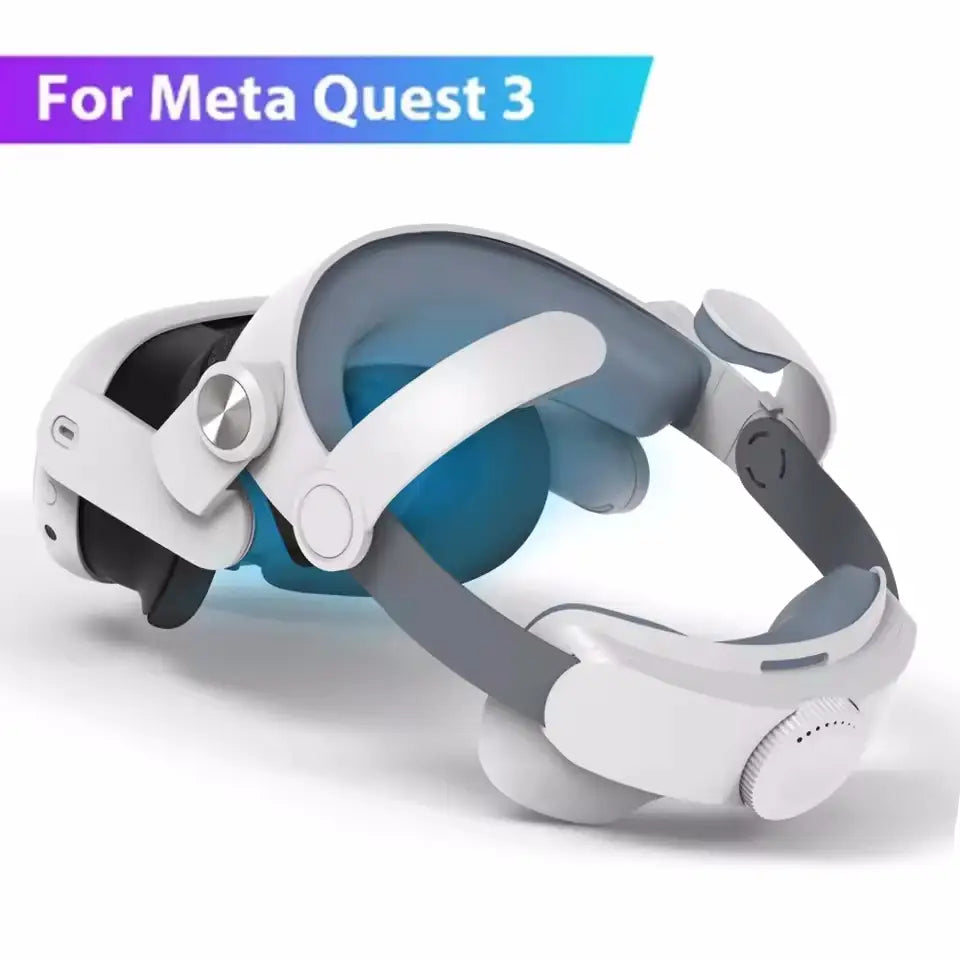 Casque de réalité virtuelle Meta Quest 3 blanc et gris, doté d’une sangle de casque ergonomique élégante conçue pour une utilisation prolongée confortable