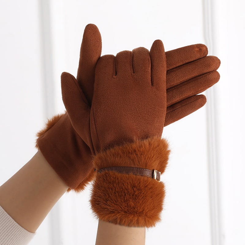 women’s brown suede touchscreen winter gloves with fleece lining and fluffy faux fur cuff featuring a brown leather strap detail.