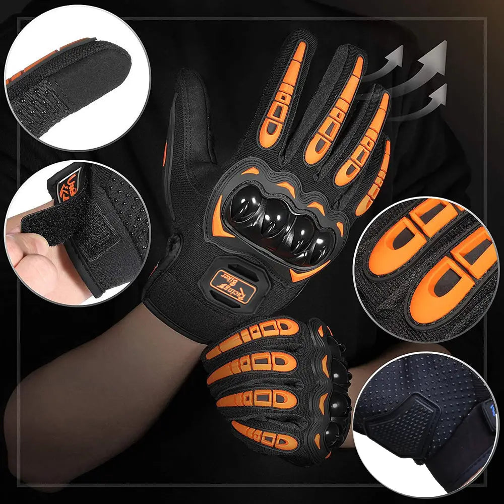 Black and orange motorcycle racing gloves showing the back side with breathable material, reinforced knuckle protection, and textured grip panels for protective gear.