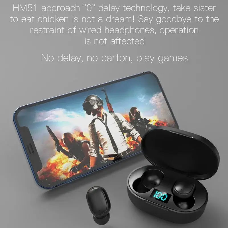 Écouteurs sans fil Hm51 noirs avec écran numérique dans un boîtier de charge ouvert, pour les écouteurs sans fil Bluetooth E6s.