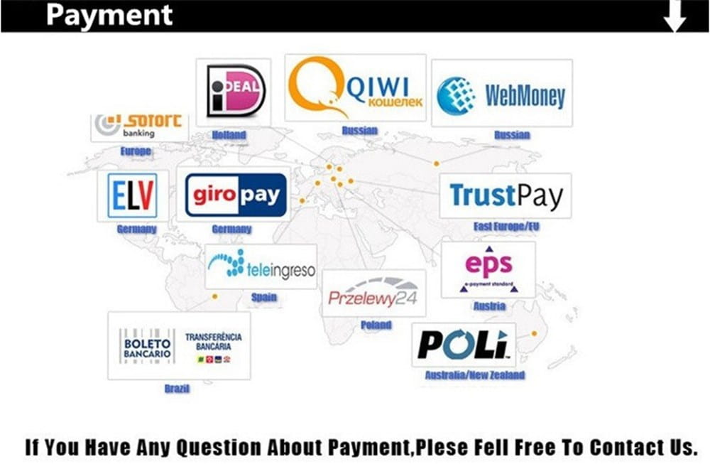 Mapa de opciones de pago que muestra los logotipos de servicios internacionales como qiwi webmoney y trustpay en diferentes países para su uso con la planta artificial de hojas de crisantemo para la decoración del hogar.