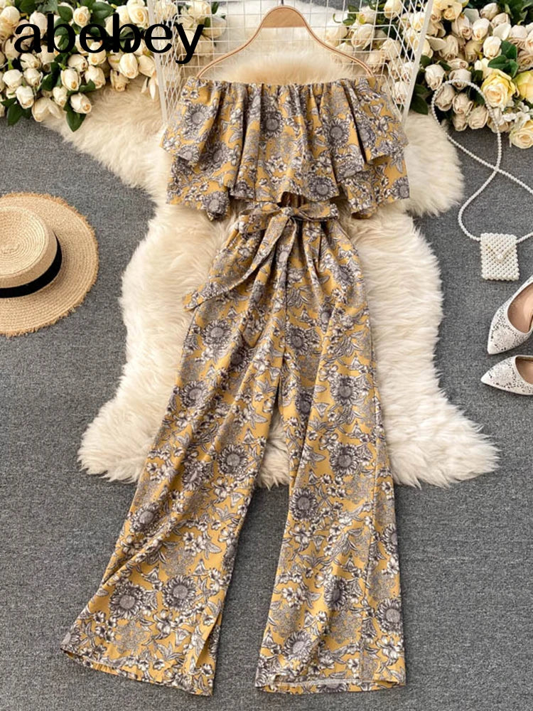 Women Jumpsuit Rompers Summer Casual Floral Print Off Shoulder Ruffles Lace-up Sashes Wide Leg Holidays Loose Jumpsuits