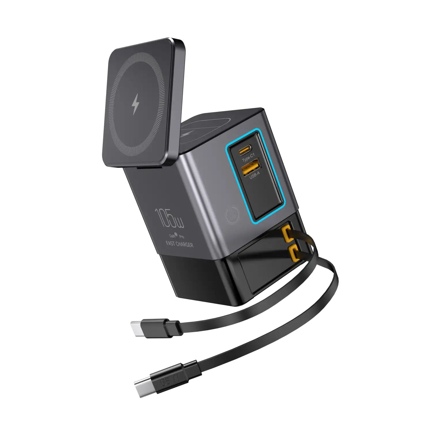 Chargeur rapide rectangulaire d’alimentation combinée 105 W noir avec station de charge sans fil, ports USB, accents bleus sur le cache du port, et un câble 65 W.