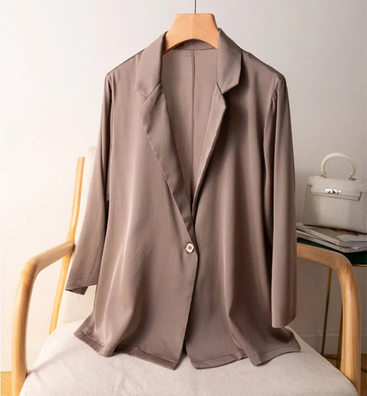 Women Blazer 95% Mulberry Silk 5% Spandex 19 momme Black White One Button Coat Jacket office work M L XL MM147