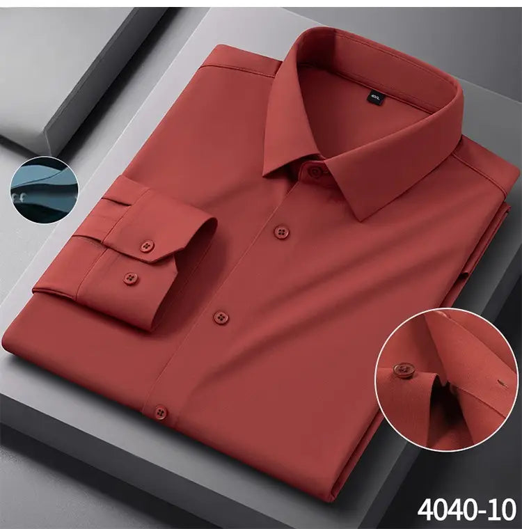 A neatly folded rust-colored slim fit men’s formal dress shirt made of nylon with a classic collar and matching buttons.