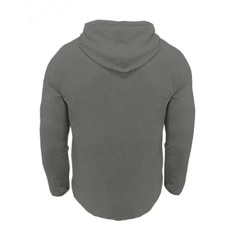 A solid gray men cotton linen hooded henley shirt with long sleeves, soft fabric, and a relaxed fit.
