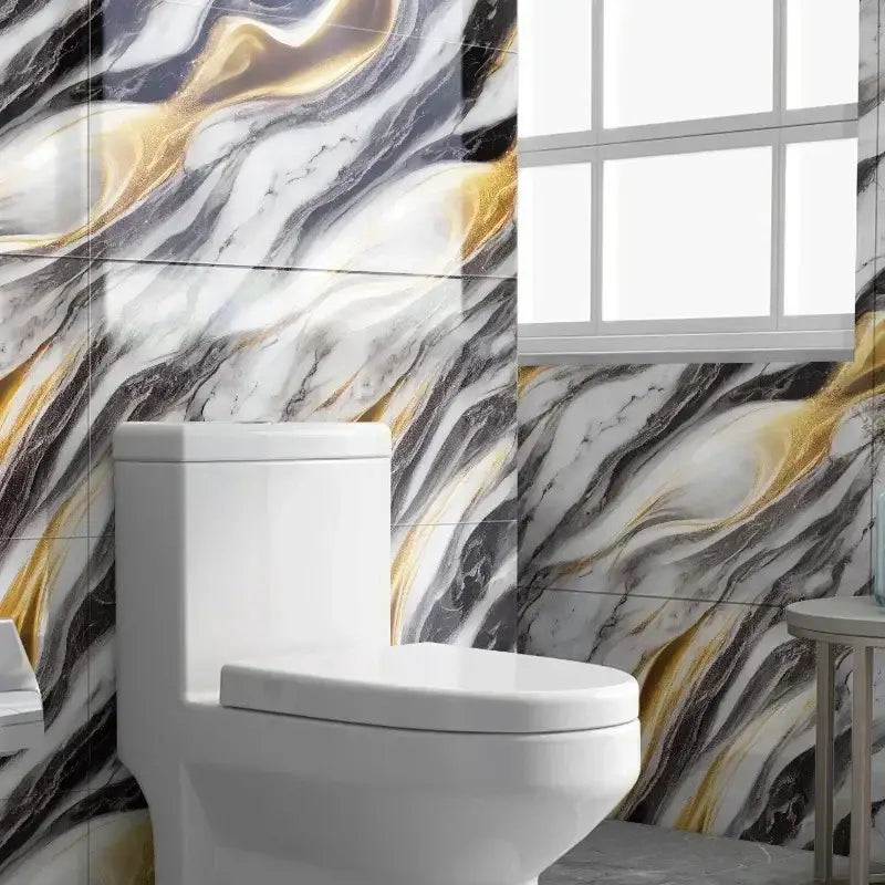 Inodoro de cerámica blanco con diseño moderno y elegante, mostrado con pegatinas para azulejos de mármol autoadhesivas a prueba de agua con respaldo adhesivo.