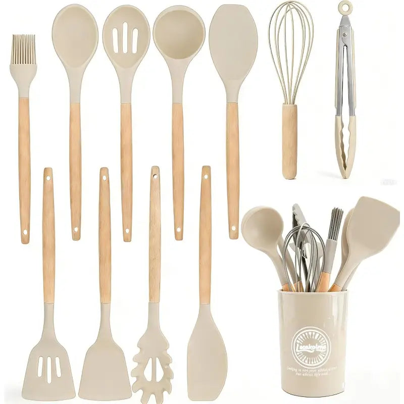 beige silicone kitchen utensils set 14 piece with wooden handles including spoons spatulas whisk and tongs stored in matching ceramic cup