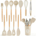 Wooden Handle Silicone Kitchen Utensils Set 14 Pieces Non-stick Cookware Tools with Storage Bucket Cooking Gadgets Organizer Set