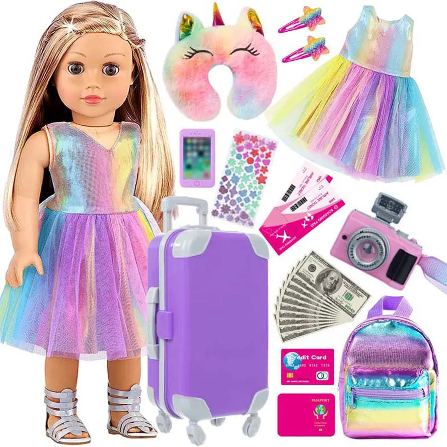 18inch Doll Clothes and Accessories Doll Suitcase Travel Set Include Pillow Unicorn Bag Camera Computer Phone Passport Kids Gift