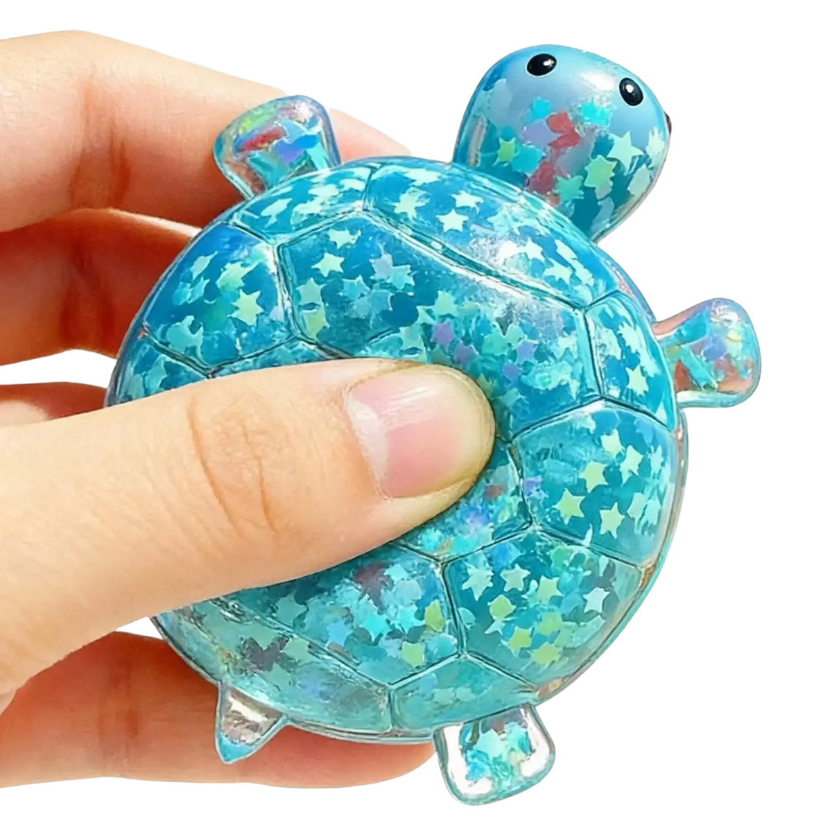 A translucent blue turtle shape squeeze toy filled with sparkling star confetti for sensory stress relief