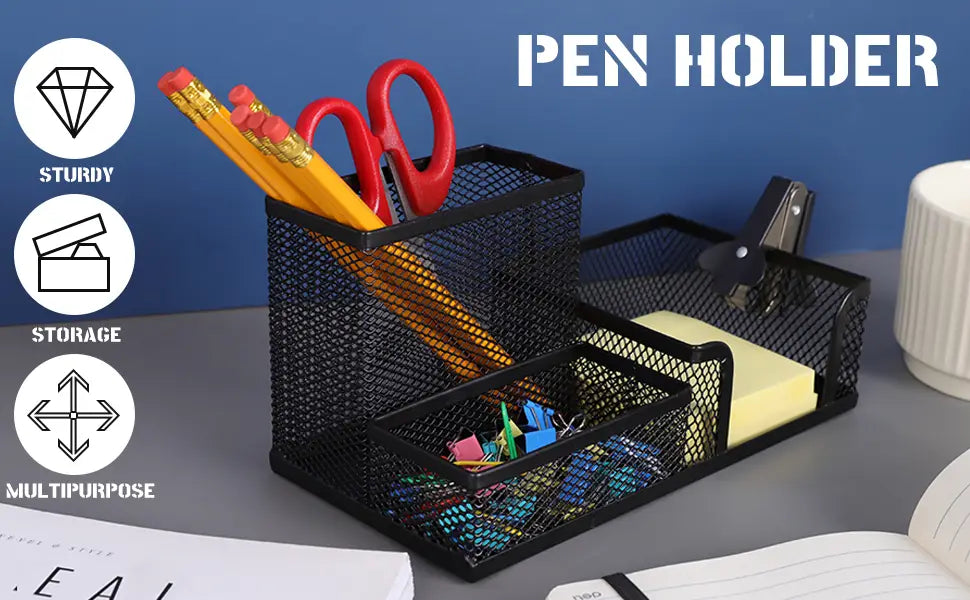 black mesh desk organizer and pencil caddy with multiple compartments holding pencils scissors and office supplies