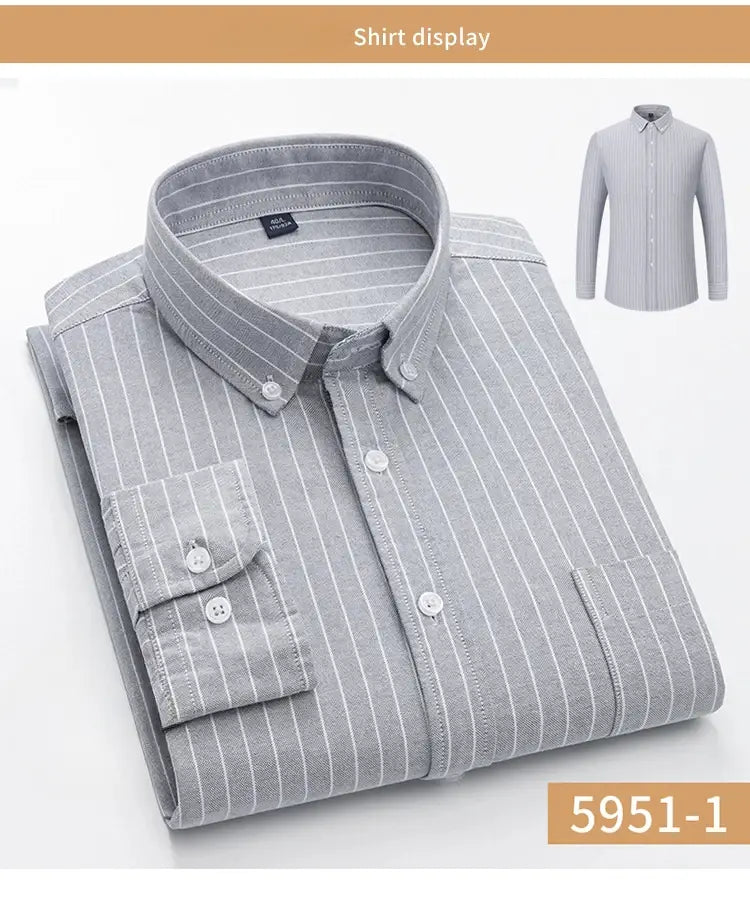men’s cotton oxford slim fit plaid shirt in gray pinstripe with white buttons and a classic collar