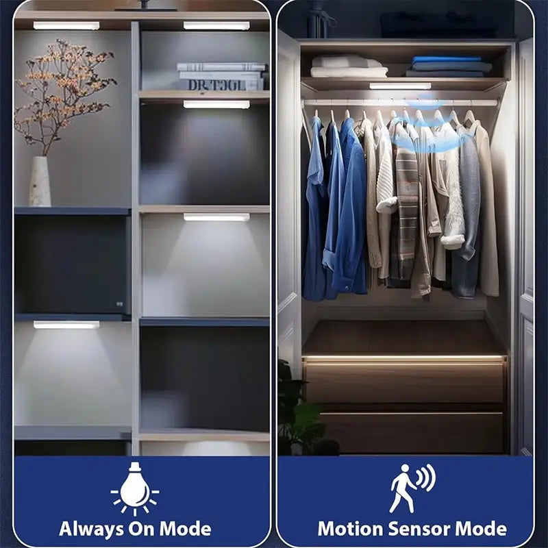 Lámparas lineales LED blancas recargables por USB con sensor de movimiento, con un diseño moderno y refinado para iluminar el armario y los estantes.