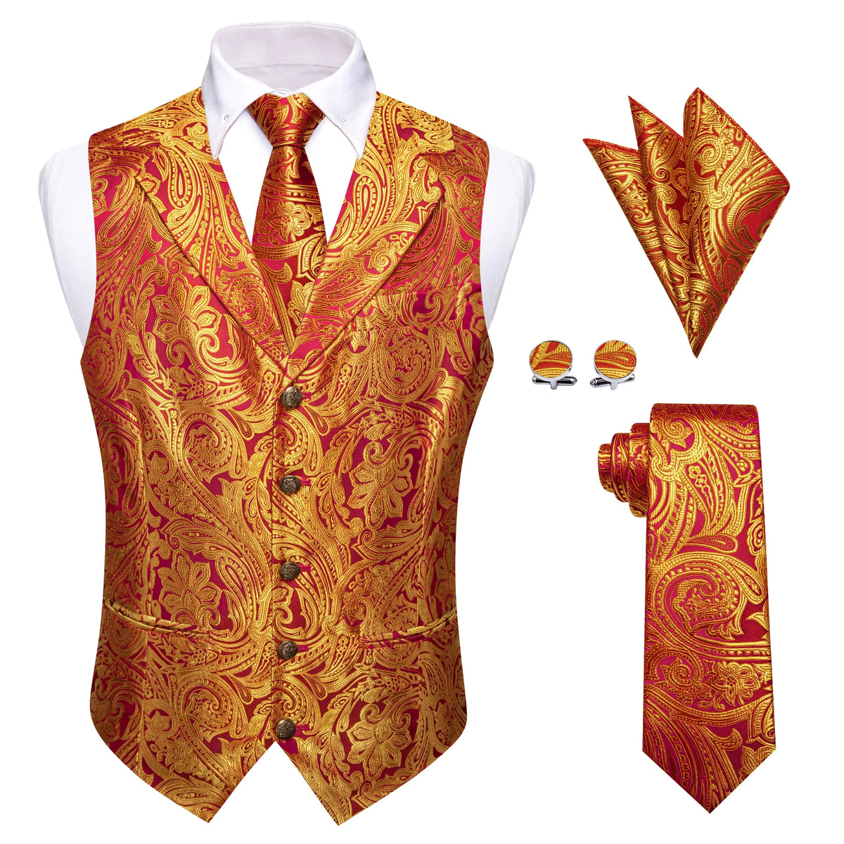 Mens Suit Golden Black Purple Orange Vest Tie Hanky Cufflinks Set Paisley Waistcoat for Male Wedding Busniess