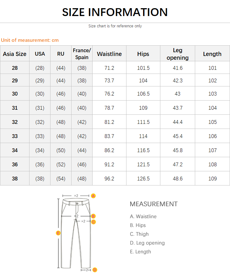 Tableau des tailles pour jeans droits amples doublés de polaire pour homme, indiquant des mesures en cm pour les tailles d’Asie, des États-Unis et de France/tailles espagnoles, avec un schéma annoté mettant en évidence la ligne de taille, les hanches, la cuisse, l’ouverture de la jambe et la longueur.