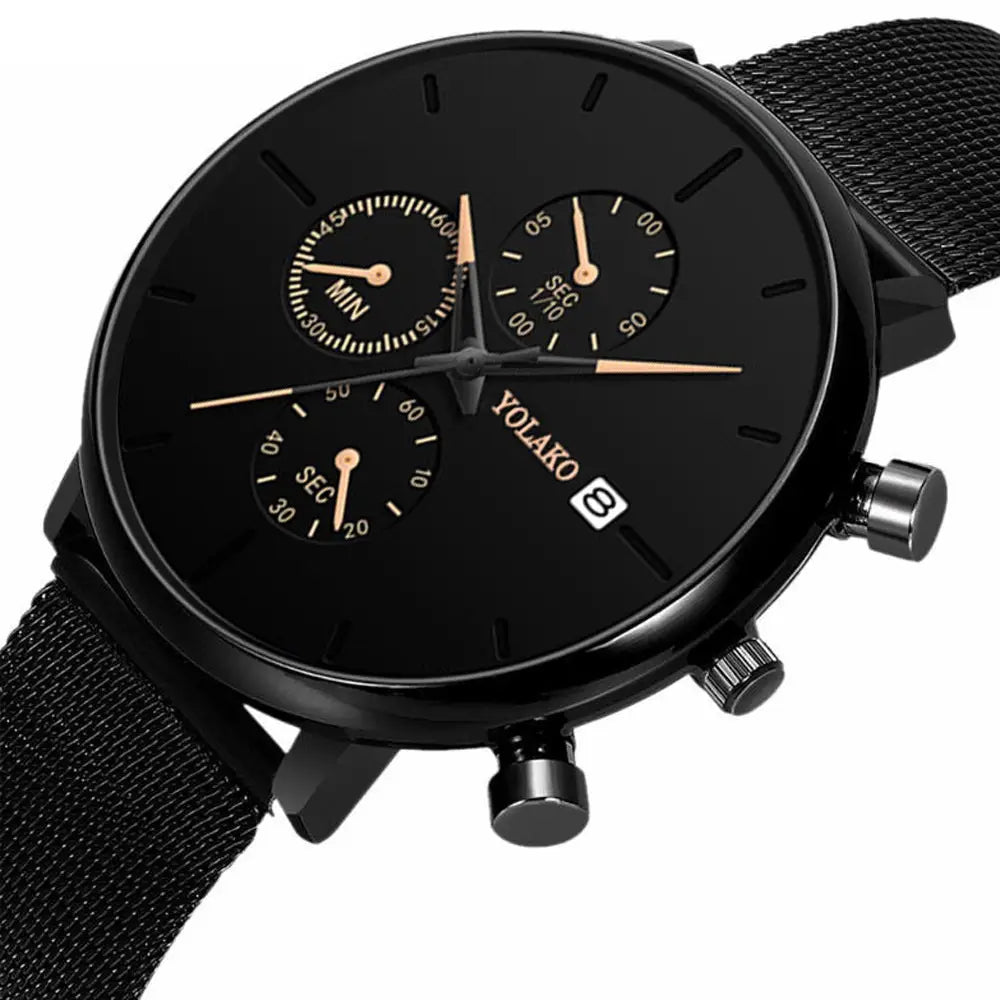 Montre à quartz chronographe ultrafine noire Yolako pour hommes, avec un cadran chronographe noir, des accents ton or et une sangle en maille.