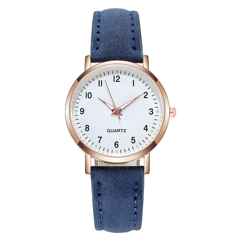 A rose gold women leather quartz watch featuring a delicate rose gold-tone case, white dial, and navy blue suede strap.
