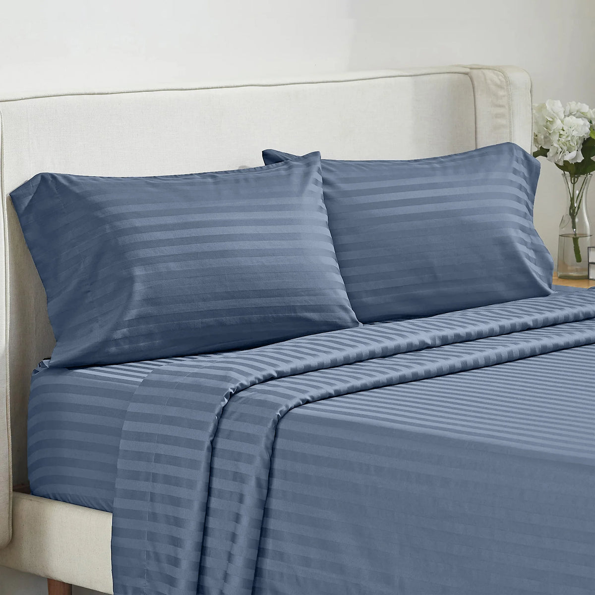Battilo Bed Sheets 4 Pieces Set Luxury Fitted Flat Sheet with Pillowcases Solid Stripe Bedding Set For Twin Full Queen King Size
