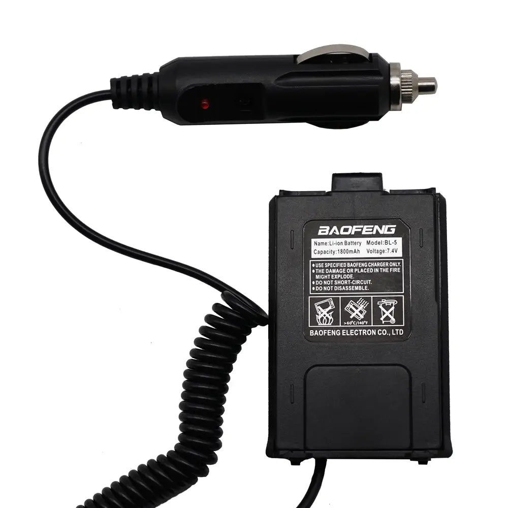Black Baofeng BL-5 lithium-ion battery with coiled charging cable and car adapter for UV5R walkie talkie car charger and walkie talkie accessories.