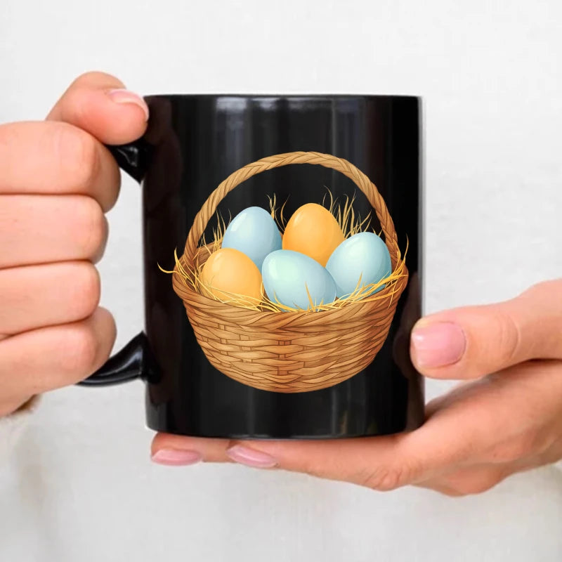 Easter coffee mug, black basket with colorful egg design, suitable for spring and holiday mornings