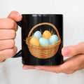 Easter coffee mug, black basket with colorful egg design, suitable for spring and holiday mornings