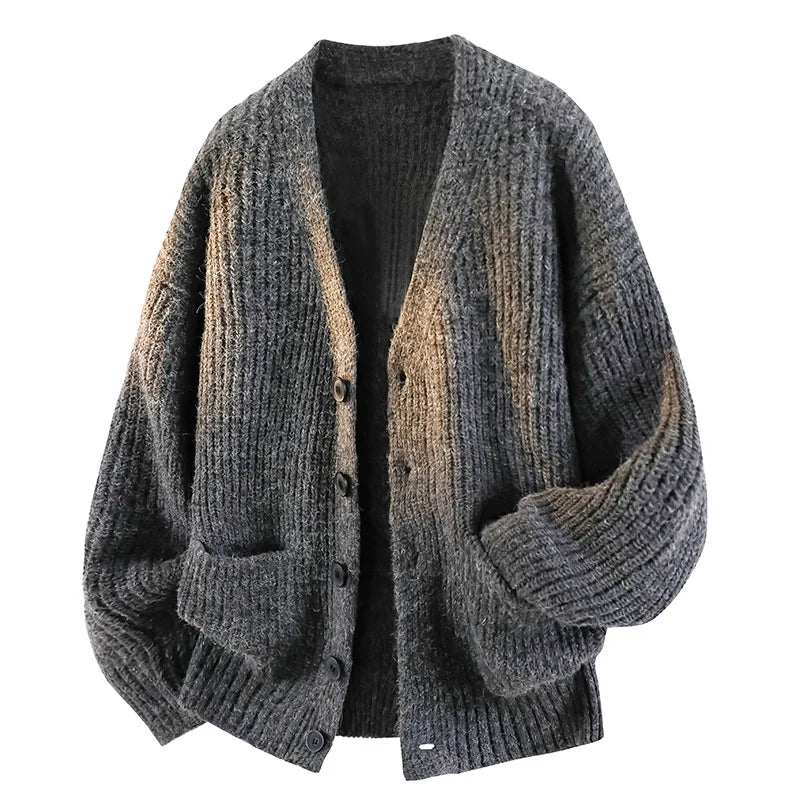 Men Cardigan Knitted Sweaters Coats V Neck Full Sleeve Jumpers Y2k Streetwear Single Breasted Loose Open Stitch Autumn Winter
