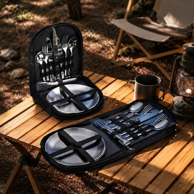 Compact Outdoor Dining Set for Two with Plate and Cutlery - Ideal for Camping and Travel Meals
