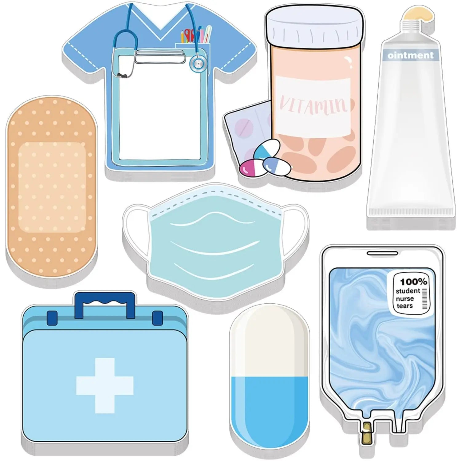 Hellblaues medizinisches Scrubs-Design mit Stethoskop sowie einer Klemme zur Aufnahme von Stiften, dargestellt mit dem Nurse Sticky Notes 8-teiligen Medical Memo Pad für geordnetes Verfassen von Gesundheitsnotizen.
