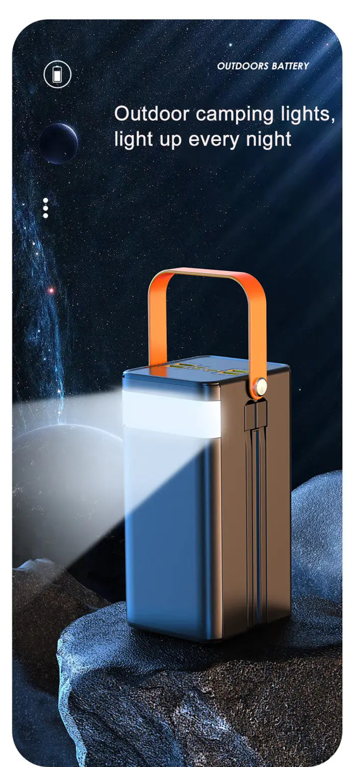 Blue and bronze portable camping lantern with orange handle featured in a 60000mah portable power bank fast charging station with micro input and 5v2a product size.