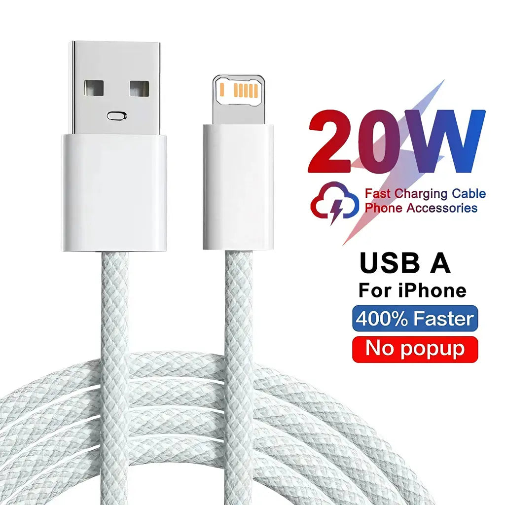 White braided usb-a to lightning cable designed for 20w fast charging.